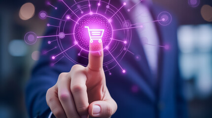 Poster - A businessman touches a glowing shopping cart icon with his finger, surrounded by swirling digital connections, illustrating the growth of online commerce and technology
