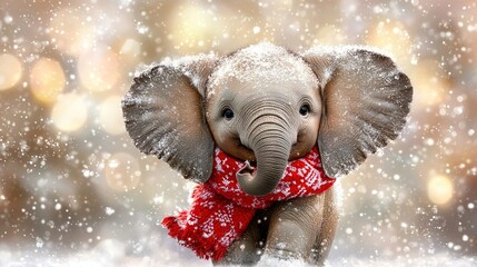 Canvas Print -   Small elephant standing in snow with red scarf and trunk up