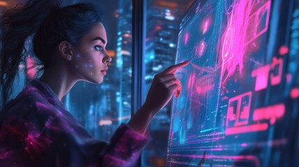 Poster - AI generated content Concept. Artist woman using AI Art Assistant to generate image.