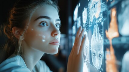 Poster - AI generated content Concept. Artist woman using AI Art Assistant to generate image.