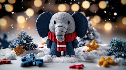 Wall Mural -   An elephant figurine with a red scarf adorned on its neck, set against a snow-dusted backdrop of towering trees and glowing lights