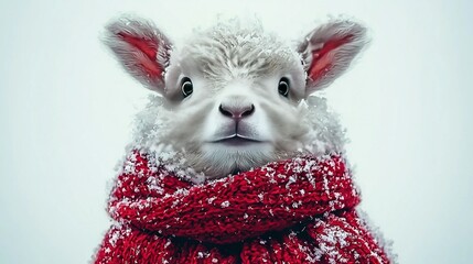 Wall Mural -   A close-up photo of a sheep adorned with a red and white scarf