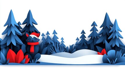 Wall Mural -   A snowy landscape features trees, bushes, and a cat wearing a red hat and scarf