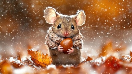 Wall Mural -   Mouse with acorn in paws amidst fall foliage and snowfall