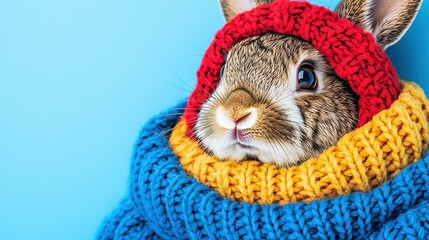 Wall Mural -   A close-up photo of a plush bunny in a knitted sweater and hat on a blue backdrop