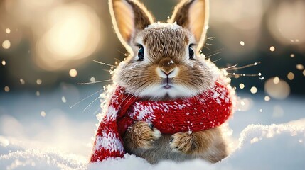 Wall Mural -   A brown rabbit adorned with a red scarf and red hat poses in the snow, gazing directly at the camera