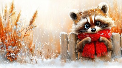 Wall Mural -   Raccoon with Red Scarf - Painting of a raccoon in a red scarf, holding another red knitted scarf, in front of a fence