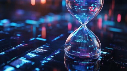 Poster - An innovative digital hourglass showcases data bits instead of sand, set against a time-sensitive data backdrop, emphasizing the criticality of prompt data analysis.