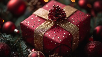 Fototapete - Closeup of a festive Christmas gift box wrapped in bright red paper with a gold ribbon surrounded by pine branches and ornaments