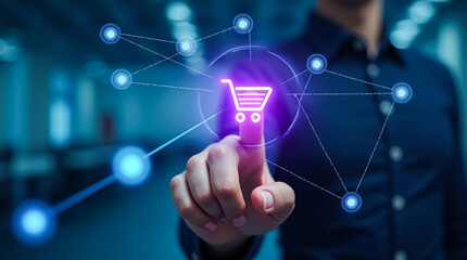 Poster - A person is touching a glowing shopping cart icon on a digital interface, illustrating modern online shopping practices in a tech-savvy space
