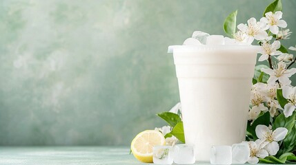 Wall Mural -   A glass of milk beside ice cubes and a lemon against a green backdrop with white flora and foliage