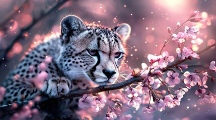   A zoomed-in photo of a cheetah perched on a tree branch, surrounded by pink blossoms