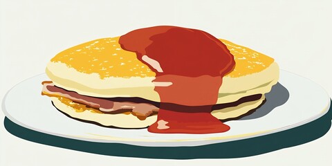 A close-up of a stack of pancakes with bacon and red sauce.