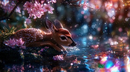 Wall Mural -   A deer resting beside a water body surrounded by a forest of pink blossoms