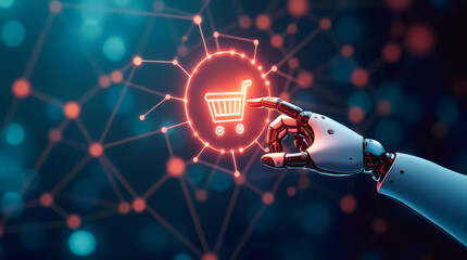 Poster - A robotic hand reaches out to touch a vibrant, glowing shopping cart icon against a backdrop of interconnected digital nodes, symbolizing modern e-commerce