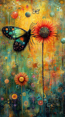 Wall Mural -   A butterfly perched atop a flower amidst a sea of sunflowers