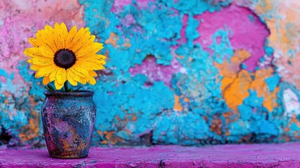 Wall Mural -   Yellow sunflower blooms on edge against painted blue-pink backdrop with peeling paint