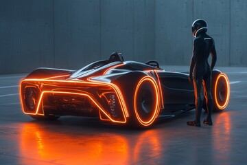 A leather-shod sports car driver stands with a helmet in front of a futuristic hypermodern street racing car concept