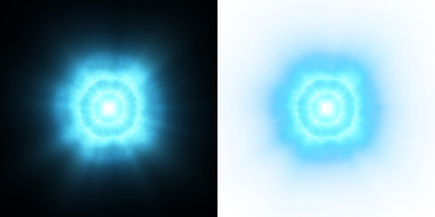 Poster - A glowing blue energy pulse with radiating light beams, set against a dark background, paired with a transparent alpha version. Ideal for sci-fi interfaces, digital design, visual effects.