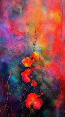 Poster -   Red and orange flowers on a colorful background with a blurry tree