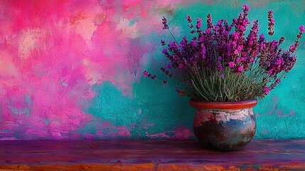 Wall Mural -   A vase brimming with many purple blossoms rests atop a table, adjacent to a pink-and-blue wall