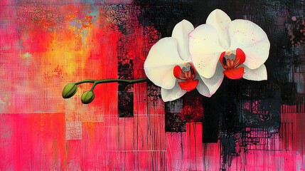 Wall Mural -   A painting of a white flower against a pink and black background, with a central red and yellow stripe