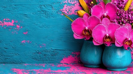 Wall Mural -  A vase holding pink flowers sits atop a blue table beside a wall with blue and pink paint