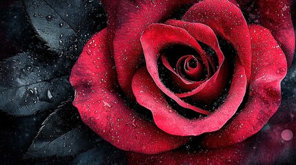 Wall Mural -   A red rose on black with water drops on petals