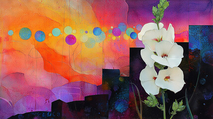 Wall Mural -   A white flowers painting with a vibrant orange, purple, blue, and pink backdrop, adorned with circles and dots