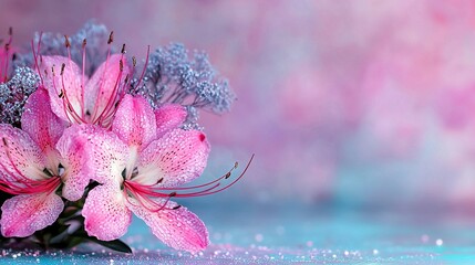 Sticker -   A pink flower arrangement resting atop a blue-pink tablecloth with droplets of water