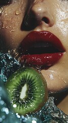 Wall Mural -   A woman with water on her face and a green apple in front of her face with water droplets on her face