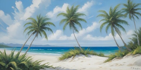 Beach with palm trees. Illustration, painting. AI generated