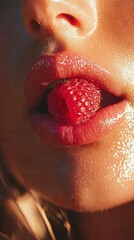 Wall Mural -   Close-up of a woman's lips with a raspberry in the center, optimized