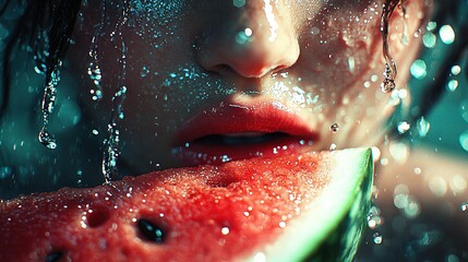 Wall Mural -   A woman with a watermelon slice in front of her face, droplets on her face