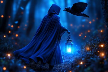 Poster - A witch wearing a deep indigo cloak, walking through a dark forest at night. Her lantern glows with a soft blue light as it illuminates the path ahead, while her raven companion flies above,