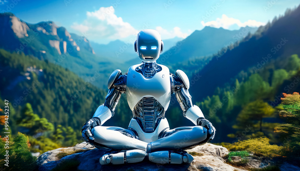 Robot Rested Human Friendly humanoid robot, sitting in lotus position on a rock and ...