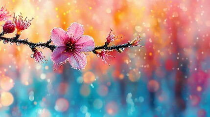 Wall Mural -   A macro photo of a blossom on a twig with dewdrops on its petals and a hazy surroundings