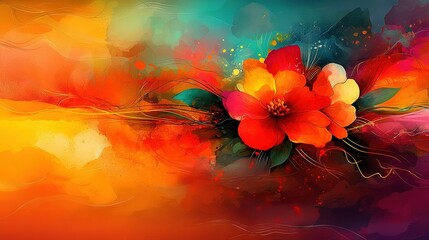 Wall Mural -   A vibrant flower against a colorful backdrop, adorned with a splash of paint at its base