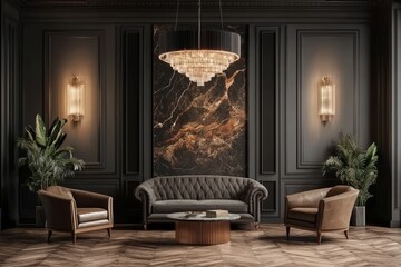 Wall Mural - A contemporary classic living room design in gray furniture, black marble, and black steel textures.