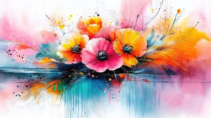 Wall Mural -   A vibrant canvas featuring oranges and pinks against a blue-pink backdrop, adorned with a splash of paint at the base