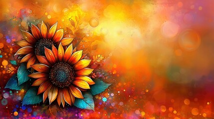 Wall Mural -   A stunning painting of two sunflowers against a vibrant backdrop, illuminated by radiant light from the center, captures the essence of warmth and beauty