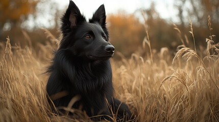 Wall Mural - Black Dog in a Field of Golden Grass