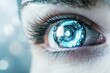 © typepng - Future woman cyborg scanning retina while looking away with blue light on her eye