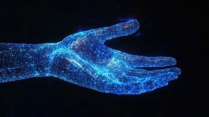 Poster - digital hand hologram on dark background with copy space. neural network connection. communication w