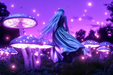 Poster - A witch with a flowing silver gown, standing in a field of glowing mushrooms under a purple twilight sky. The mushrooms cast a soft, magical light, and fireflies float around her, creating a