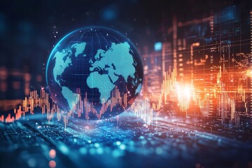 Poster - A dark globe silhouette background with glowing financial chart graphs, diagrams, and candlesticks depicting a stock market and market growth concept.