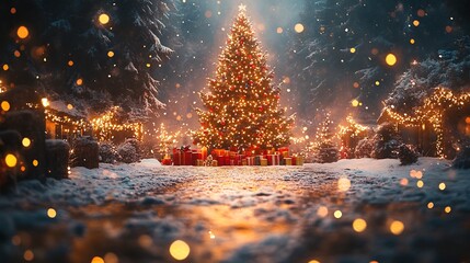 Fototapete - Festive Christmas background featuring a snowy scene with a decorated tree presents and colorful lights