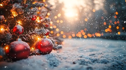 Fototapete - Festive Christmas background featuring a snowy scene with a decorated tree presents and colorful lights