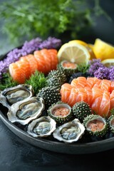 Poster - Fresh seafood platter presenting oysters, shrimp, and sea urchins