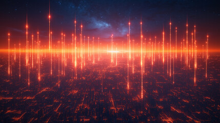 Wall Mural - A cityscape with a bright orange sky and a large number of glowing lines